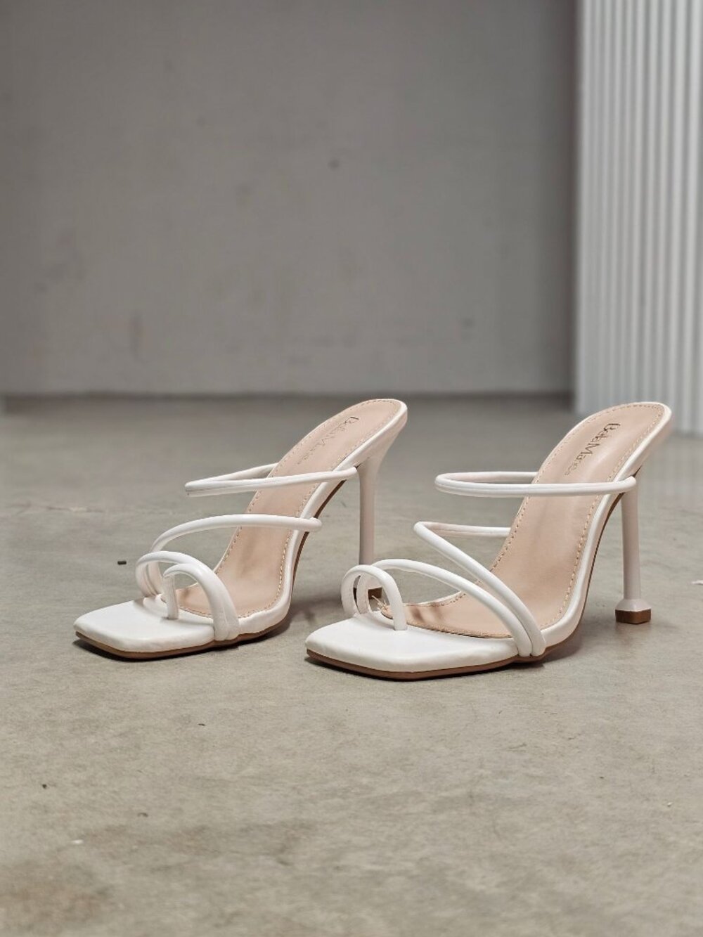Strappy White High Heel Mules With Square Toe & Slim Stiletto Heels For Women - Picture 6 of 14